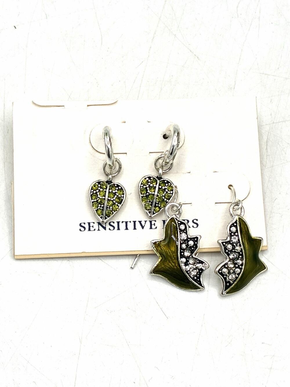 Kohl’s KC Green Leaf Earrings Lot 2 Rhinestone Enamel Dangle Hoop